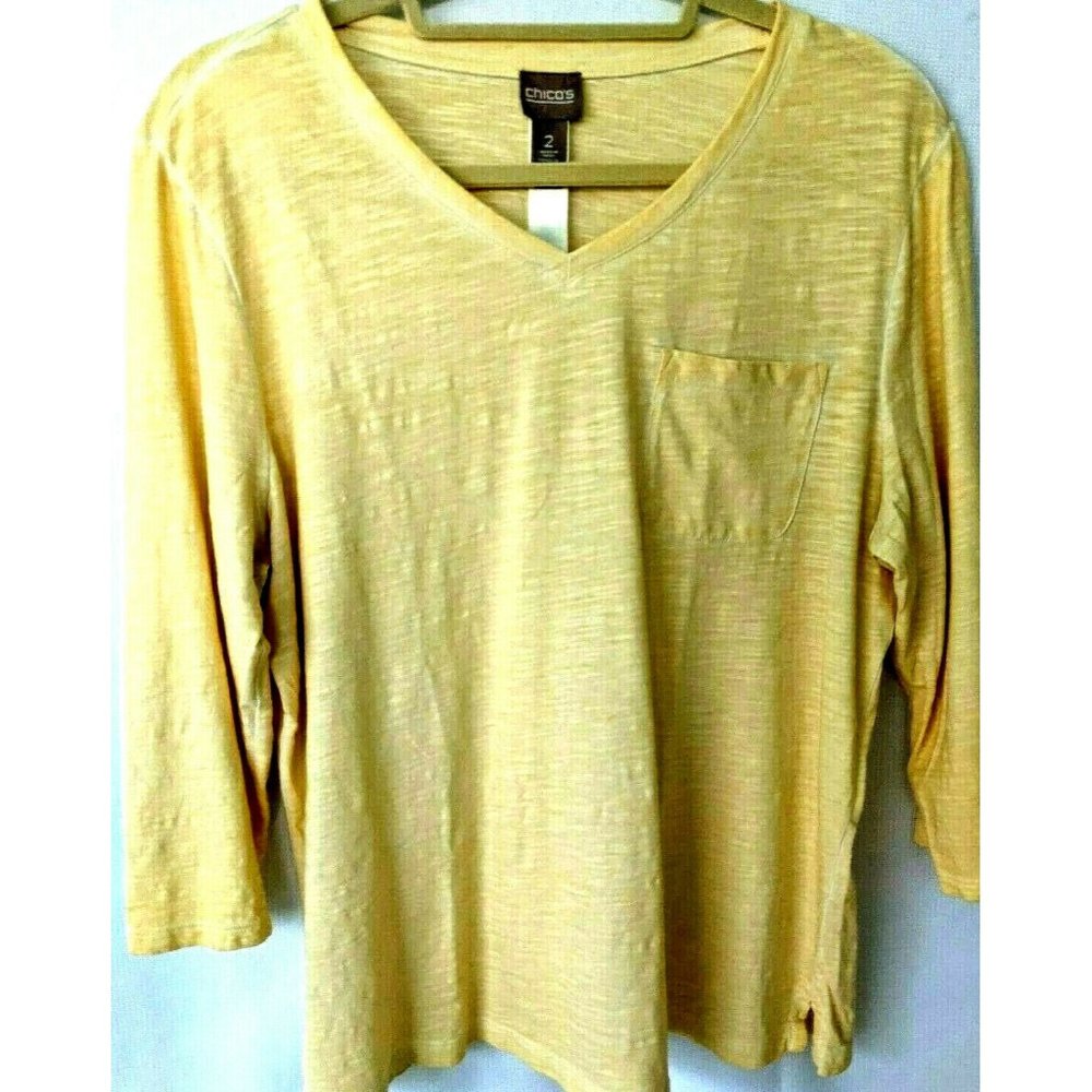 Chico's Women Yellow 3/4 Sleeve T-Shirt Size 2
